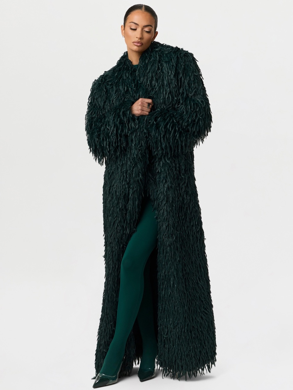 NWOT Naked Wardrobe Faux Fur Feather Long Coat Shag Jacket Emerald Green XL